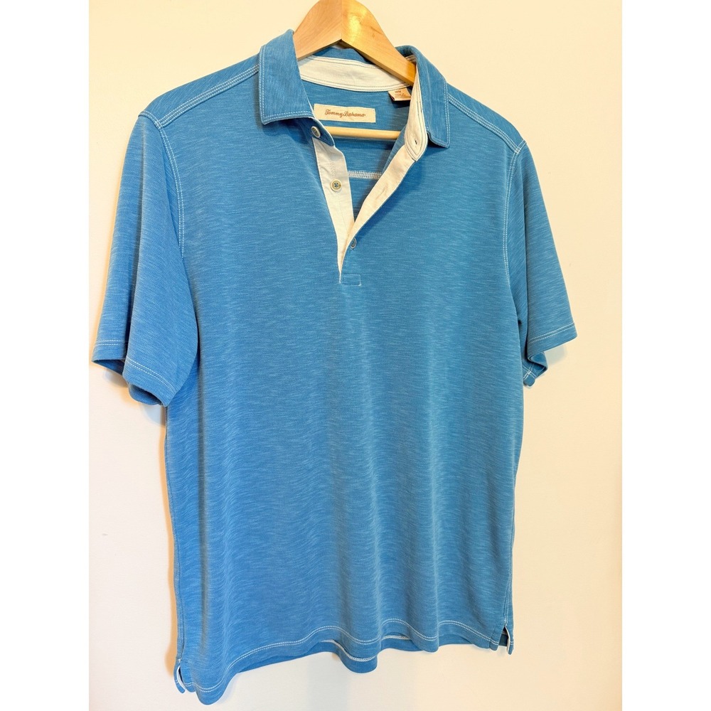 Tommy Bahama Polo Shirt Mens Medium Blue Excellent Modal Blend Contrast Stitch